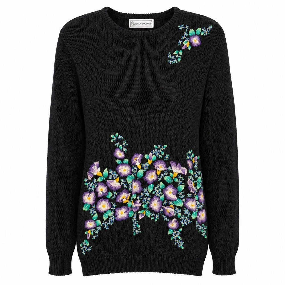 Vintage Evan Picone Cottagecore Floral Embroidered Sweater Women Medium Coquette